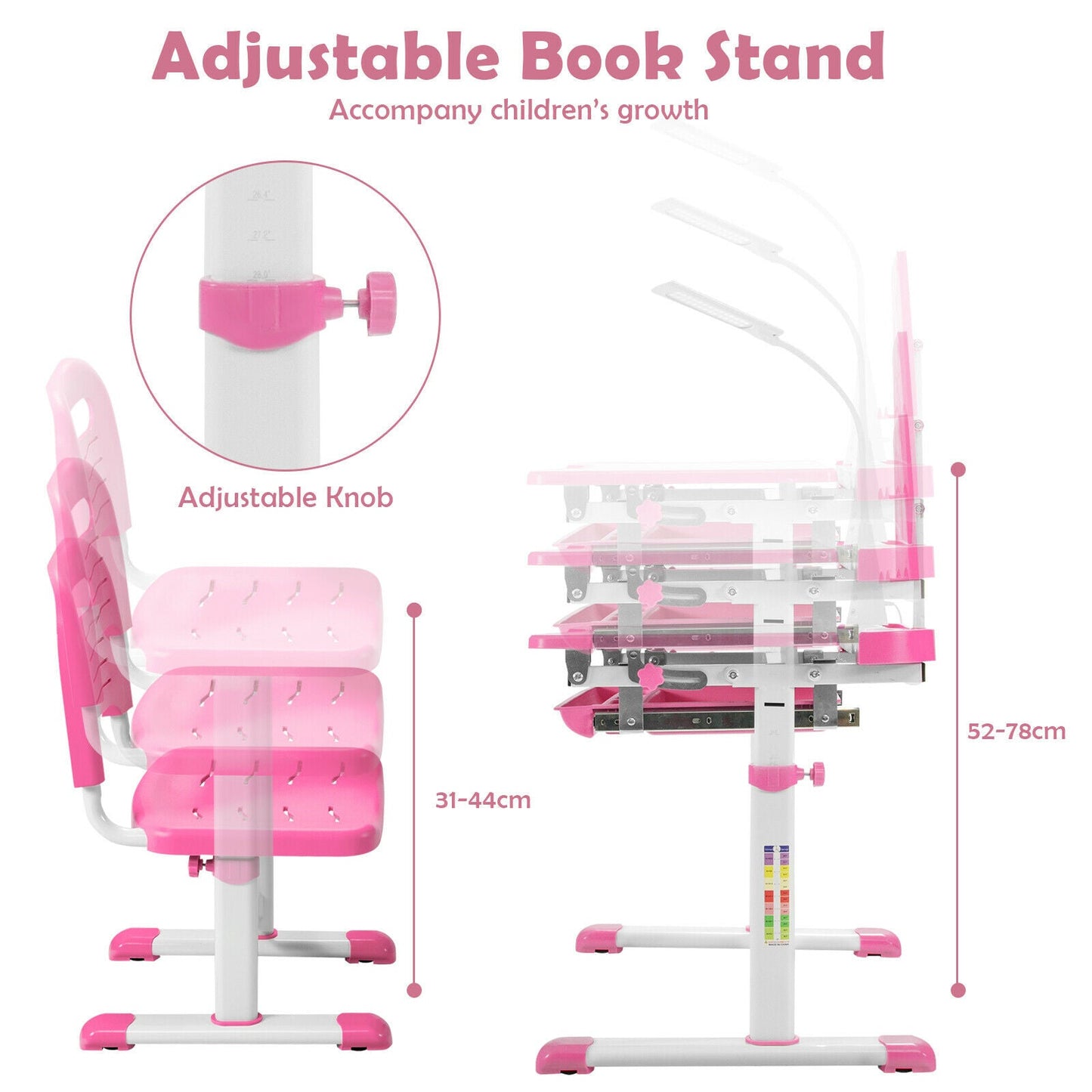 Height Adjustable Kid's Tilted Desk Set with Lamp & Drawer-Pink