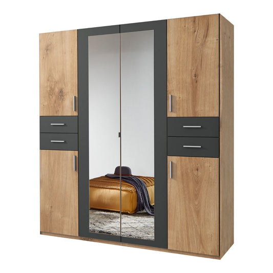 FENTON 6 Door 4 Drawers Mirrored Wardrobe Finish Oak and Graphite 180cm