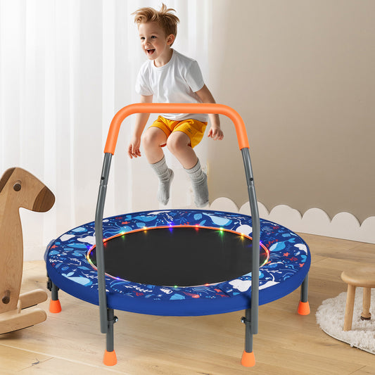 90 cm Folding Mini Trampoline for Kids with Lights and Padded Safety Cover-Navy