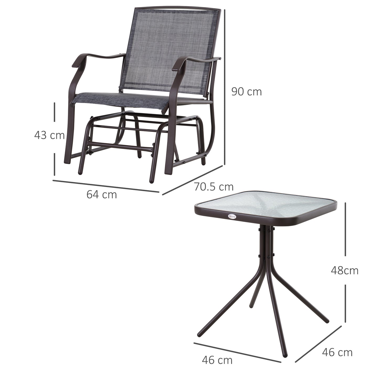 Outsunny Glider Bujany fotel i zestaw stołowy 2 pojedyncze fotele Bujany ogrodowy huśtawka Patio Meble Bistro Zestaw Szary