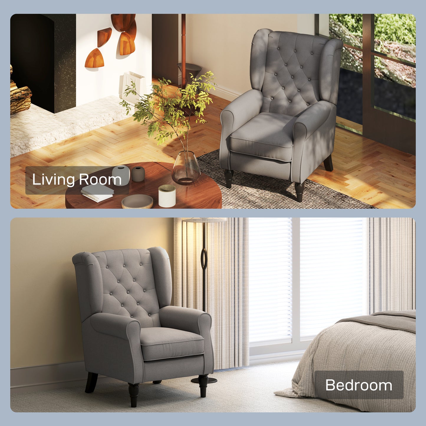 HOMCOM Retro Accent Chair, Linen Wingback Armchair with Wood Frame Button Tufted Design for Living Room Bedroom, Dark Grey