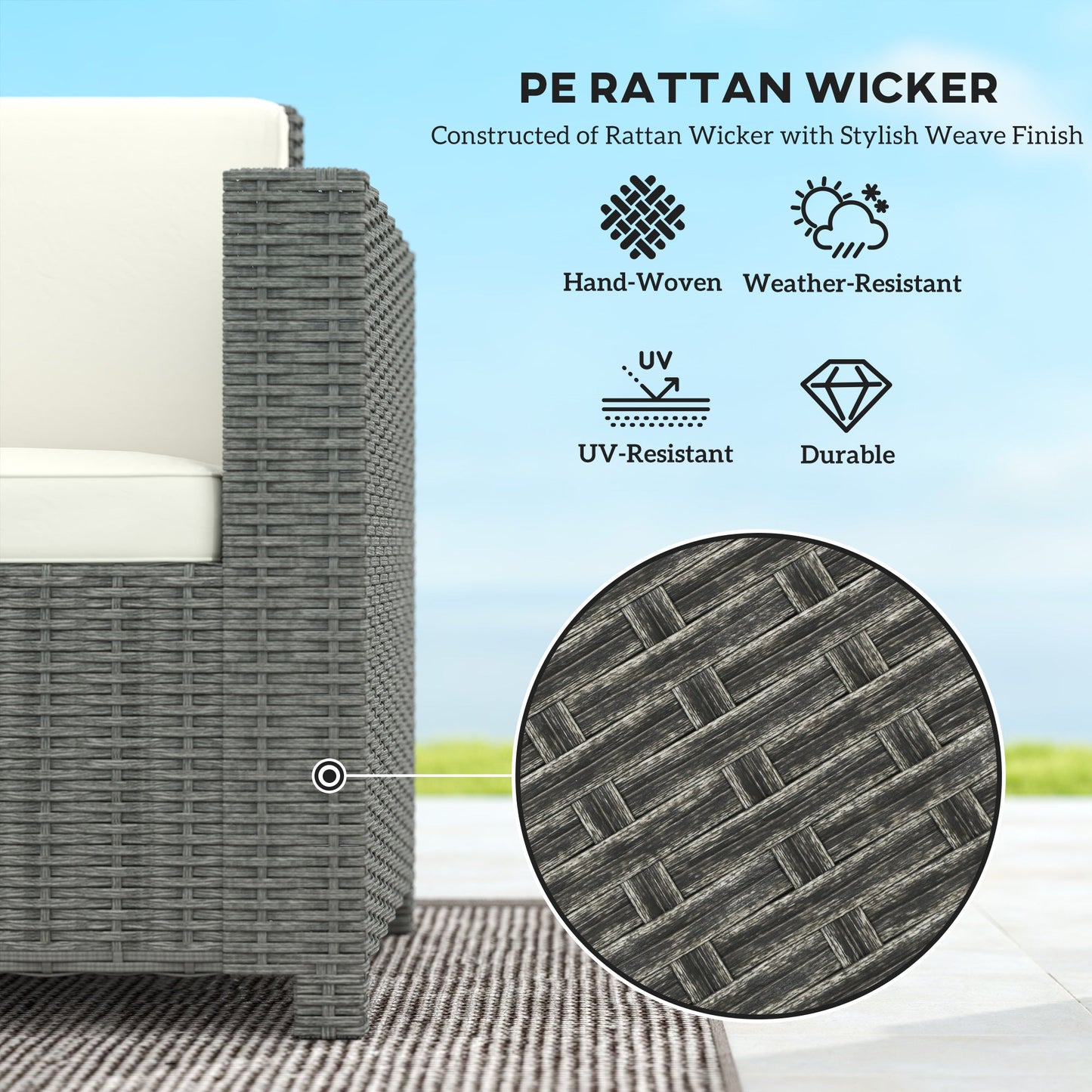 Outsunny 3-osobowa sofa rattanowa z metalową ramą, odporna na warunki atmosferyczne, pleciona z wikliny, z ognioodporną poduszką, kremowa