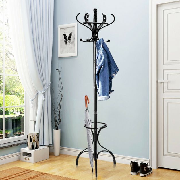 Practical Birch Coat Stand with 360°Rotating Top Tier for Hat & Jacket-Black