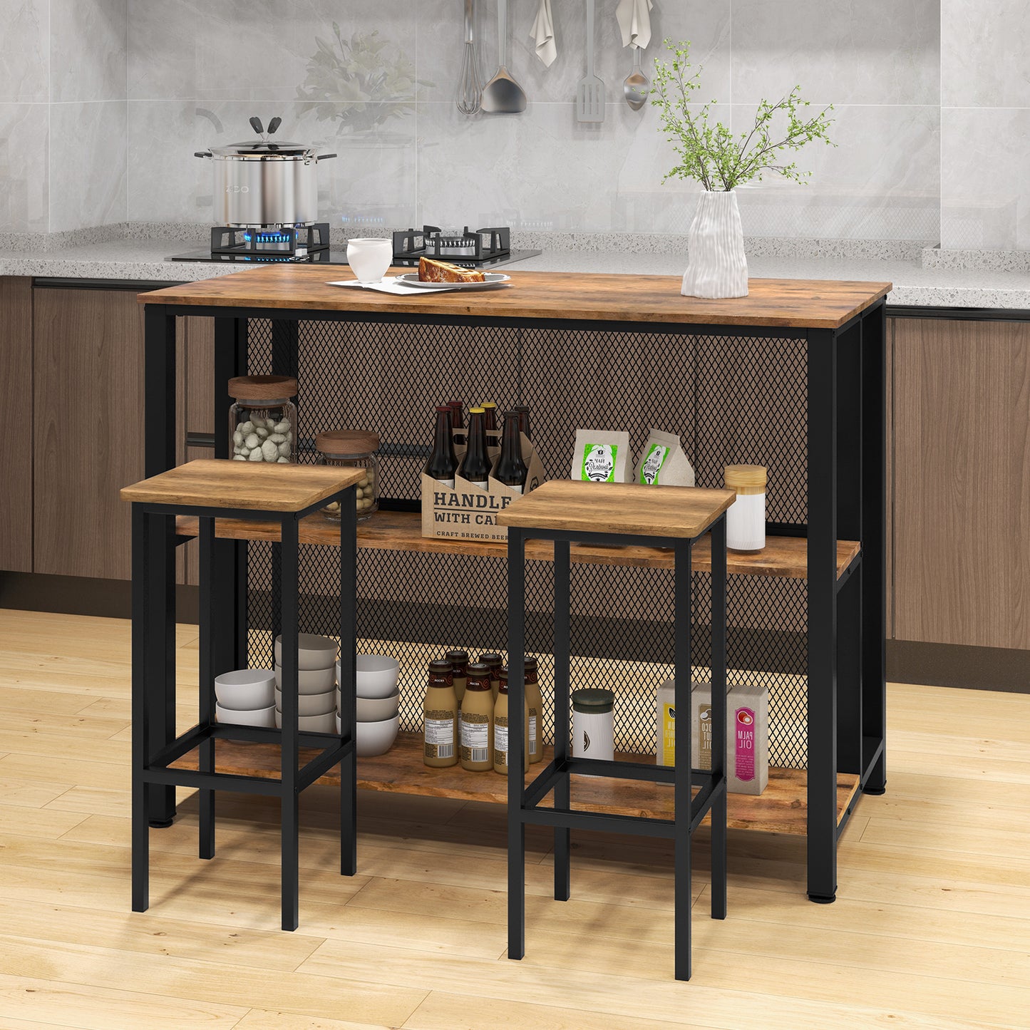 93cm Tall Bar Table with Storage with Open Shelves-Rustic Brown