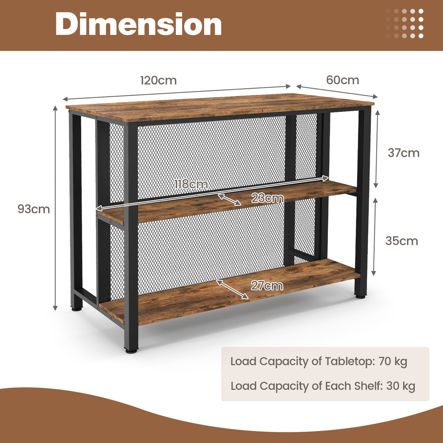 93cm Tall Bar Table with Storage with Open Shelves-Rustic Brown