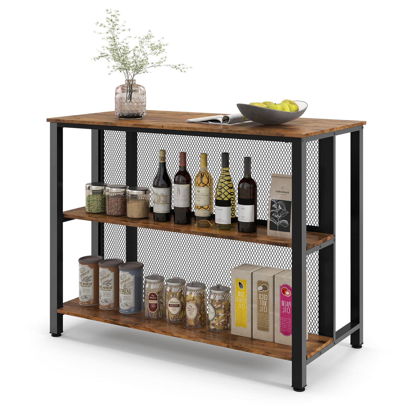 93cm Tall Bar Table with Storage with Open Shelves-Rustic Brown
