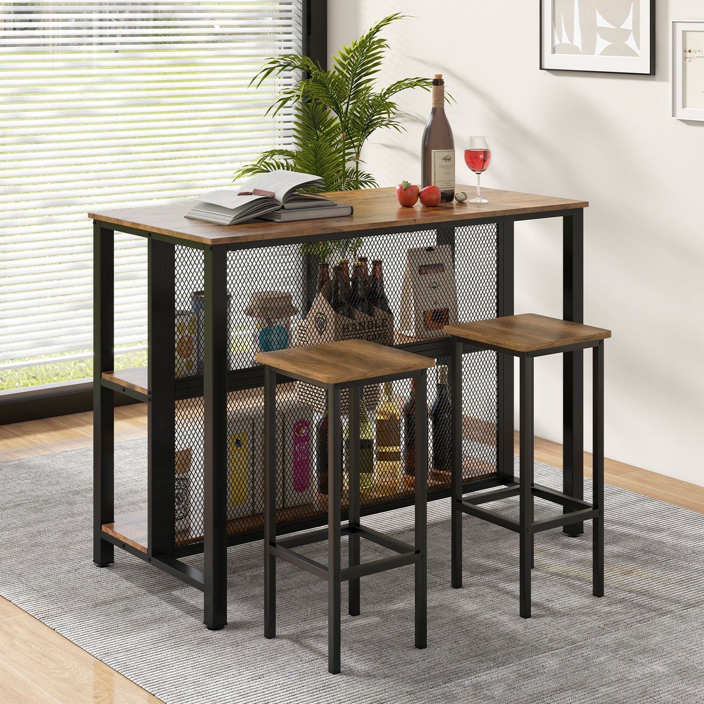 93cm Tall Bar Table with Storage with Open Shelves-Rustic Brown