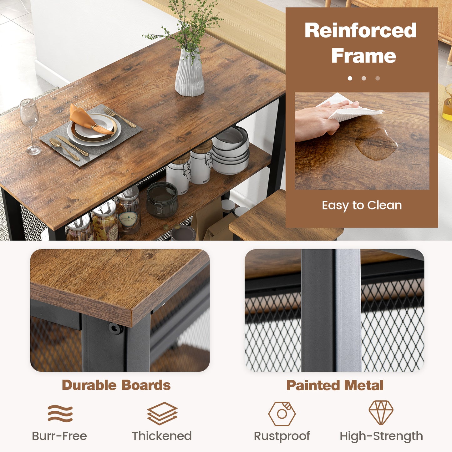 93cm Tall Bar Table with Storage with Open Shelves-Rustic Brown