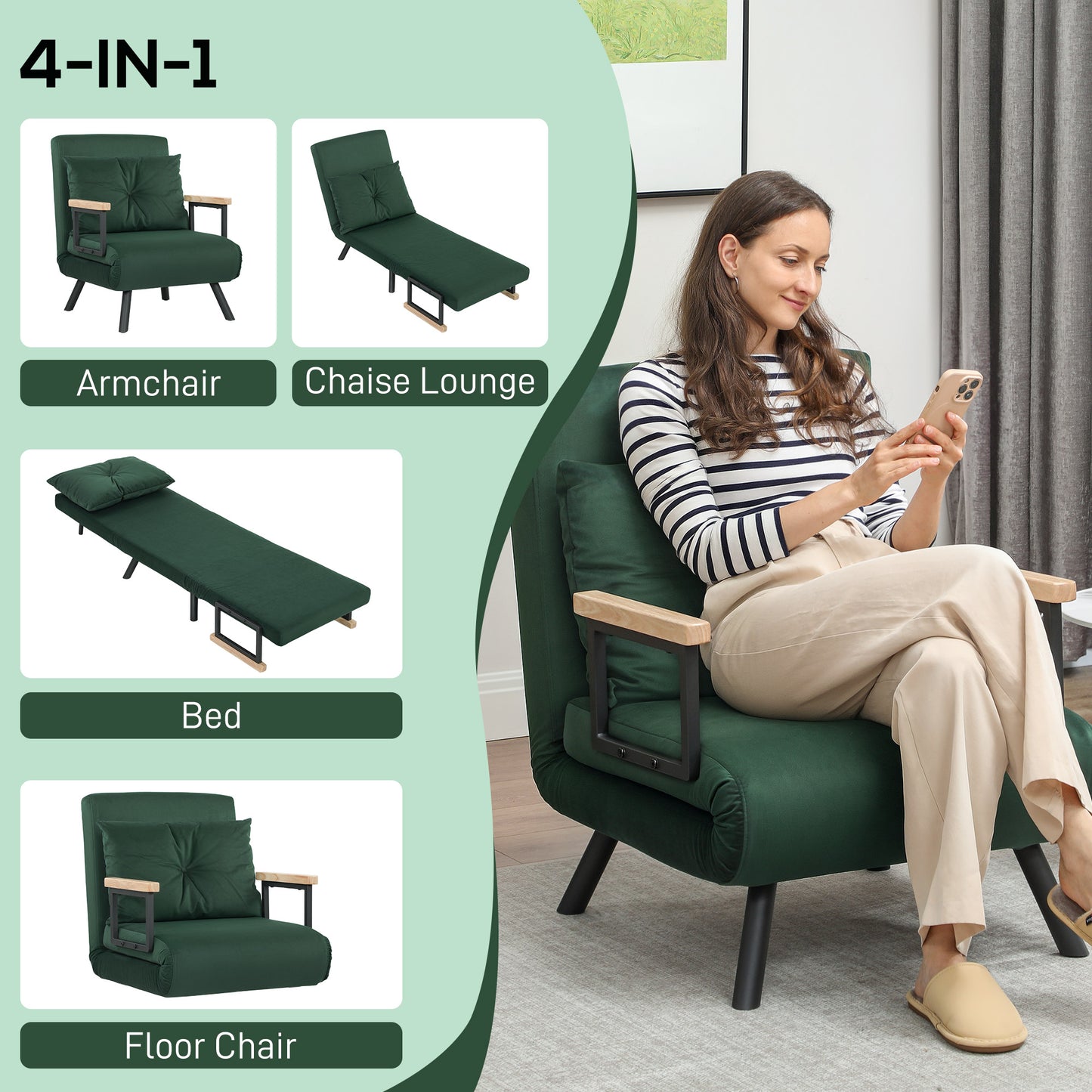 HOMCOM 4-in-1 Velvet-Feel Single Chair Bed, with Pillow - Green