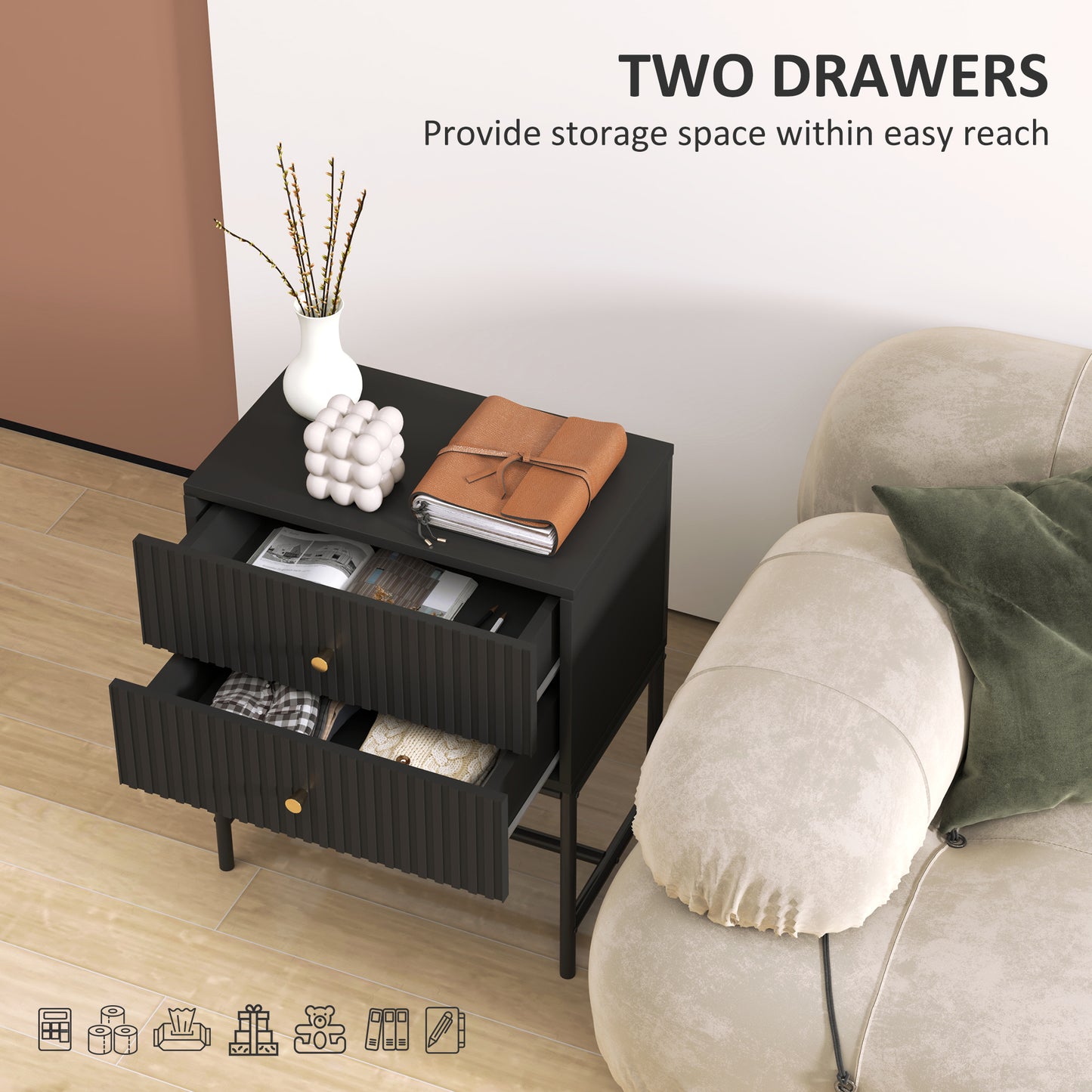 HOMCOM Elegant Two-Drawer Bedside Table Set of 2 - Black