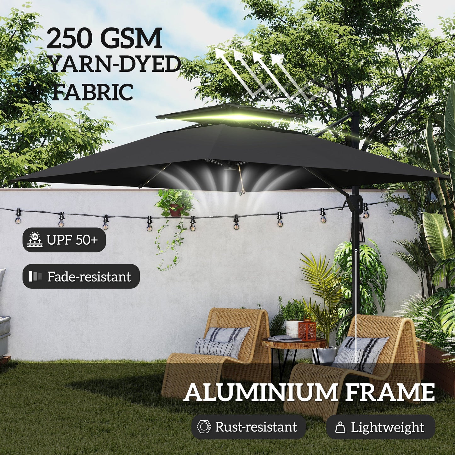 Outsunny Multi-Angle LED Light Parasol Umbrella - Black