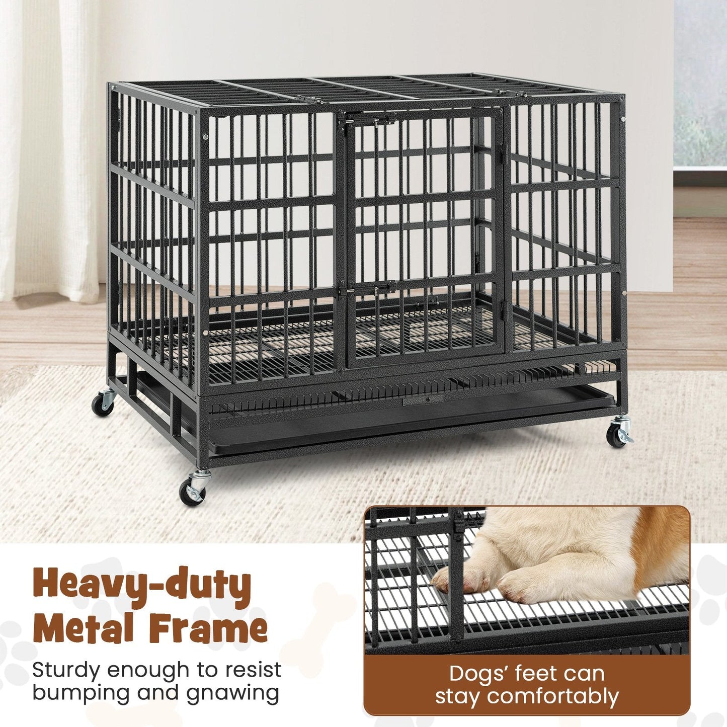 96/120cm Metal Dog Cage Foldable with Double Door and Wheels-M