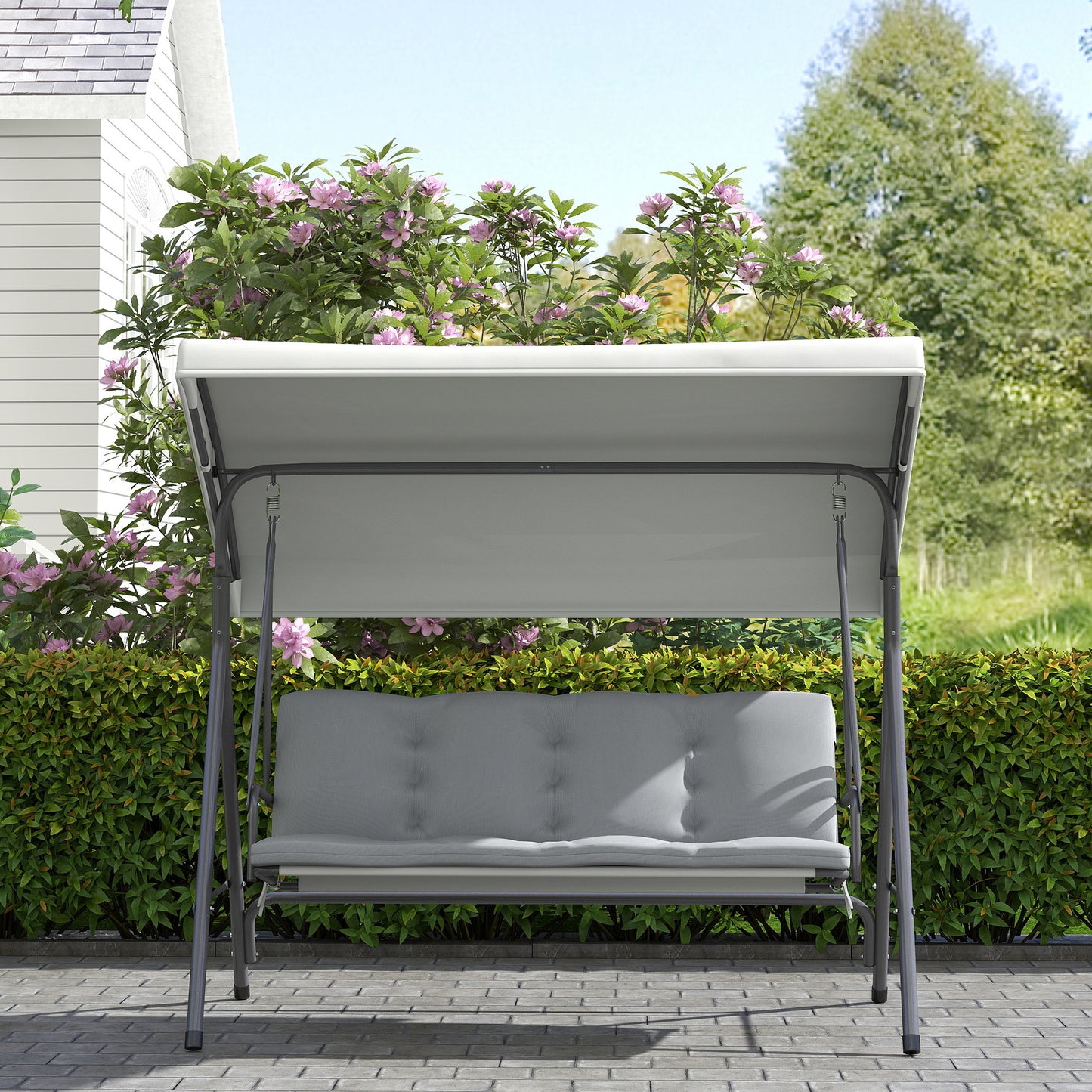 Outsunny 3 Seater Garden Swing Chair, Patio Rocking Bench with Tilting Canopy, Removable Cushion and Steel Frame, Light Grey
