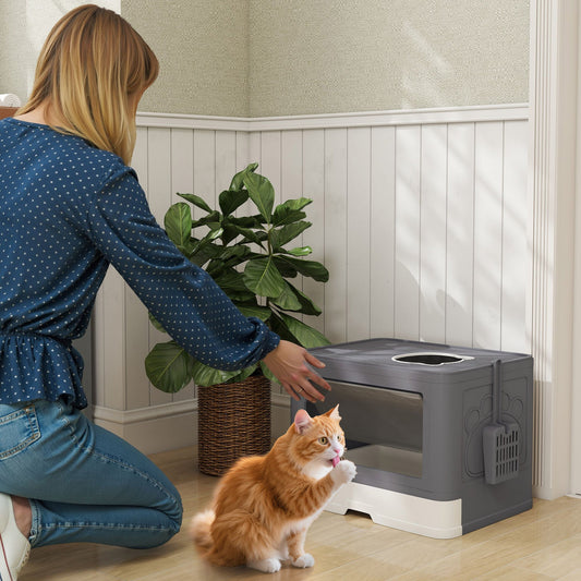PawHut Enclosed Cat Litter Box with lid, Front Entry, Top Exit, Drawer, Tray, Scoop, Brush, 48.5 x 38 x 36.5cm - Grey