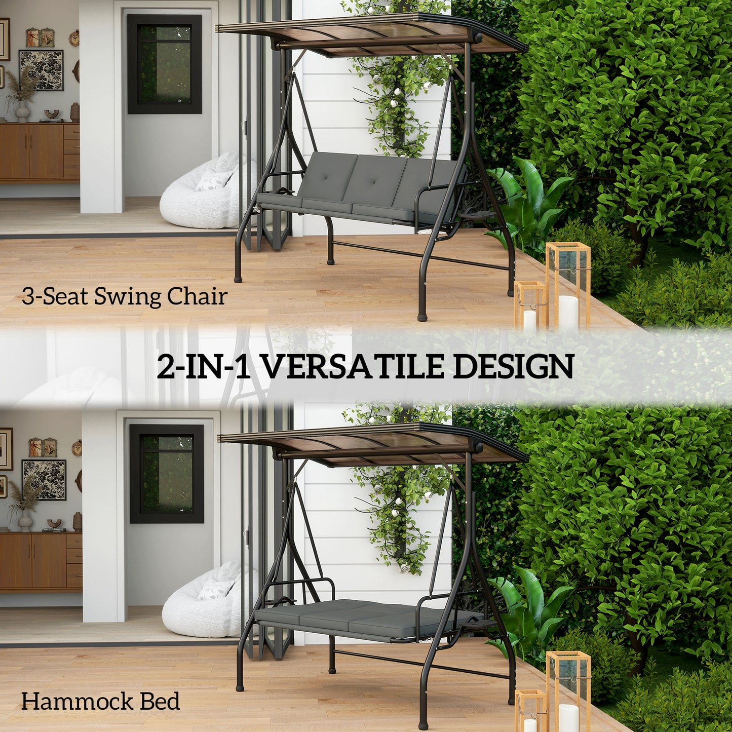 Outsunny Convertible Three-Seater Swing Bench Bed - Ciemnoszary