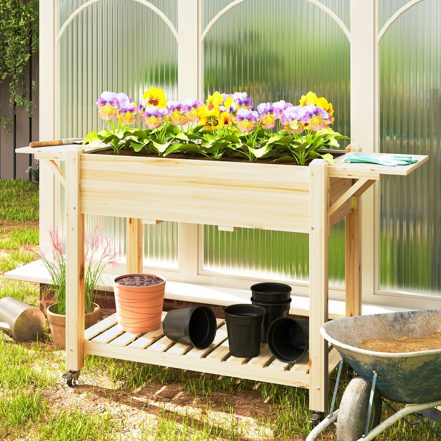 Drewniana podwyższona donica Outsunny 46 x 94 cm z półkami – wykończenie naturalne