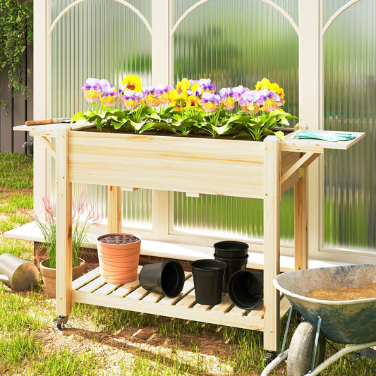 Outsunny 46 x 94cm Wooden Raised Planter, with Shelves - Natural Finish
