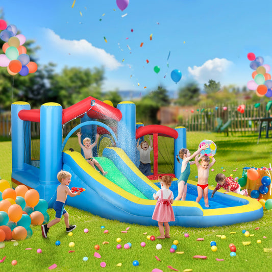 AIYAPLAY Inflatable Bouncy Castle with 550W Blower, Basketball Hoop, Long Slide, Dart Board, Carrying Bag, 385 x 290 x 180 cm