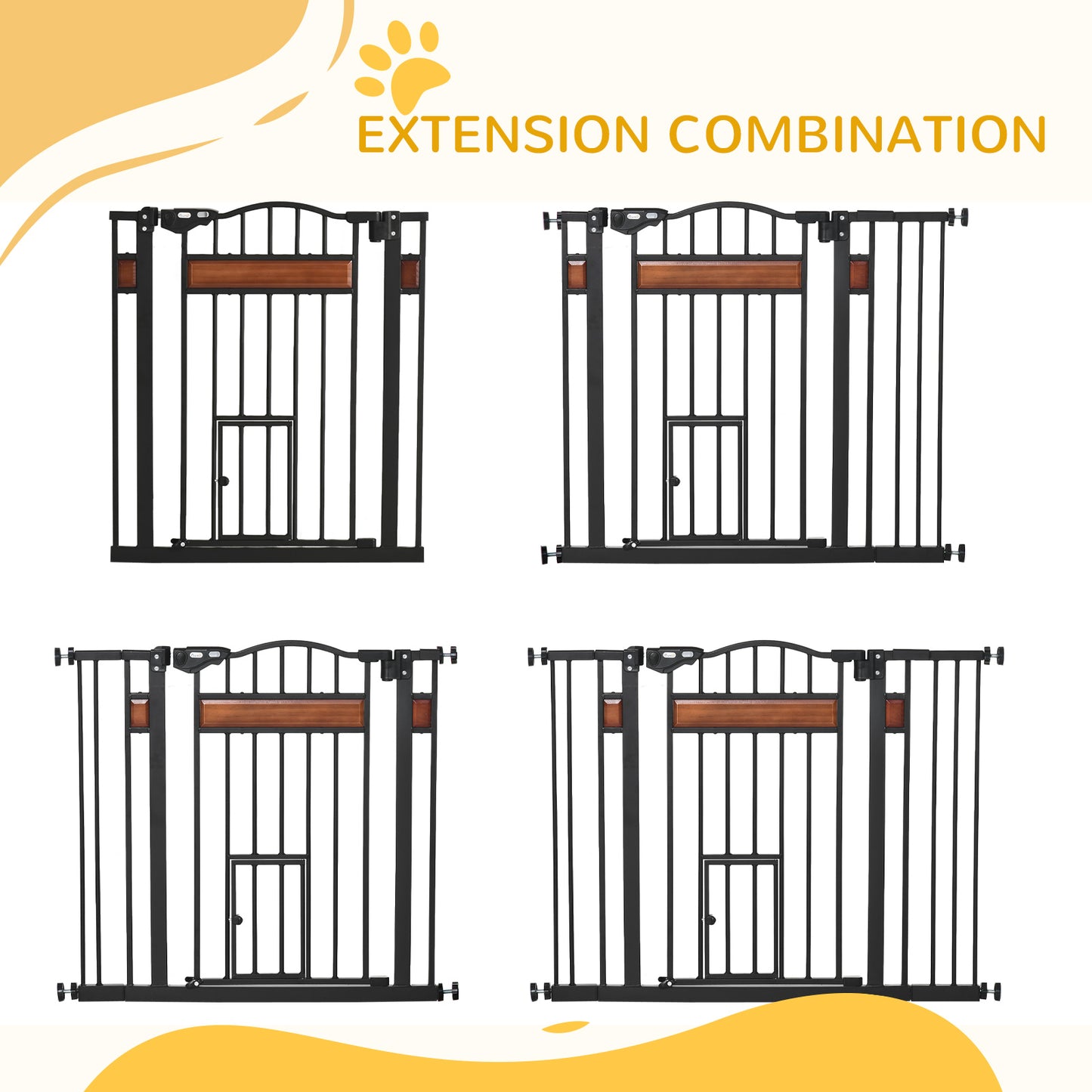 Bramka zabezpieczająca dla zwierząt PawHut Pet Gate z drzwiczkami dla kota, zamykana automatycznie, na schody, drzwi, korytarze, szerokość 74-105 cm - czarna