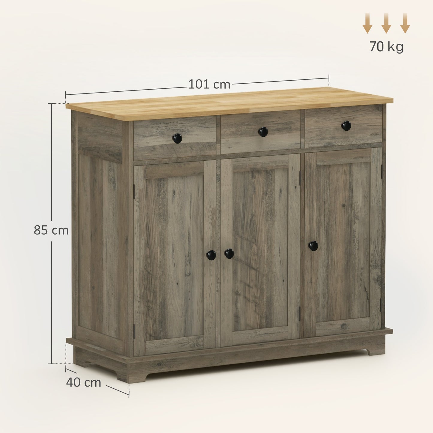 HOMCOM Sideboard with Rubber Wood Top, Modern Storage Cabinet, Kitchen Cupboard with 3 Doors, 3 Drawers and 3 Adjustable Shelves for Dining Room, Living Room, Grey Wood-Effect