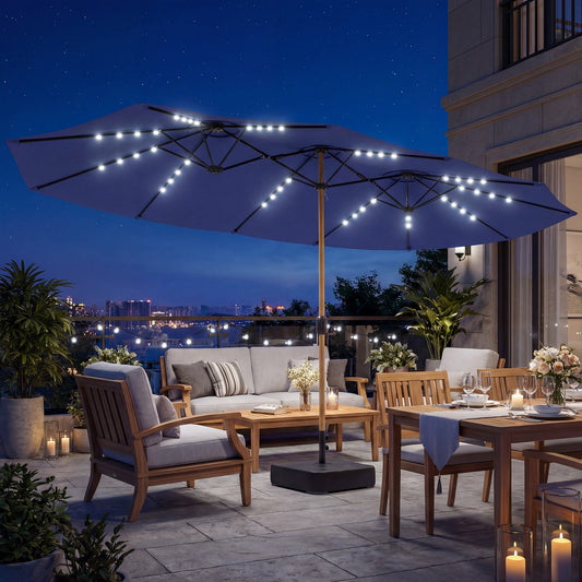 Outsunny Double Sided Garden Parasol with Base Included & 48 Solar LED Lights Patio Umbrella Crank Handle 4.6m Dark Blue