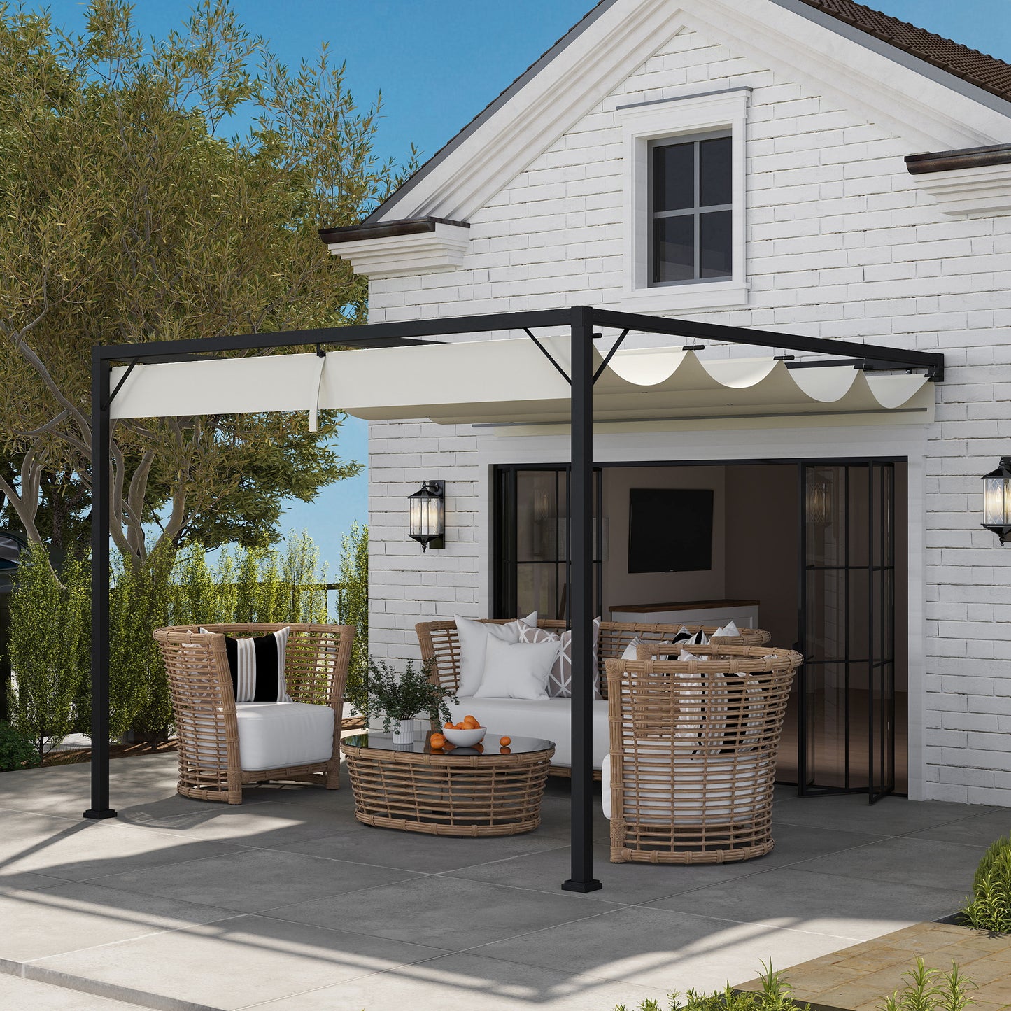 Outsunny 3 x 3(m) Pergola zewnętrzna z chowanym daszkiem - kremowo-biała
