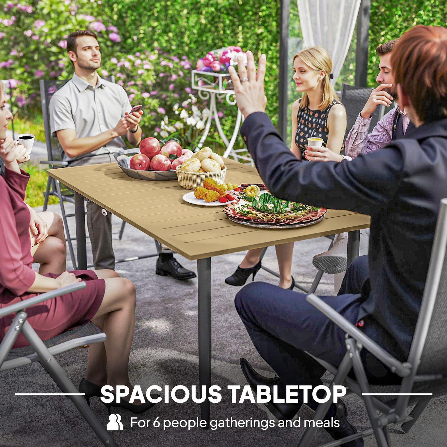 Outsunny Garden Dining Table dla 6 osób, prostokątny stolik kawowy do ogrodu z otworem na parasol 5 cm, blatem z listew i stalową ramą na taras i balkon, brązowy