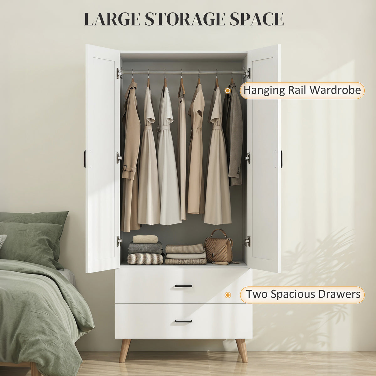 HOMCOM 2-Door Wardrobe, Modern Wardrobe with 2 Drawers and Hanging Rail for Bedroom, White