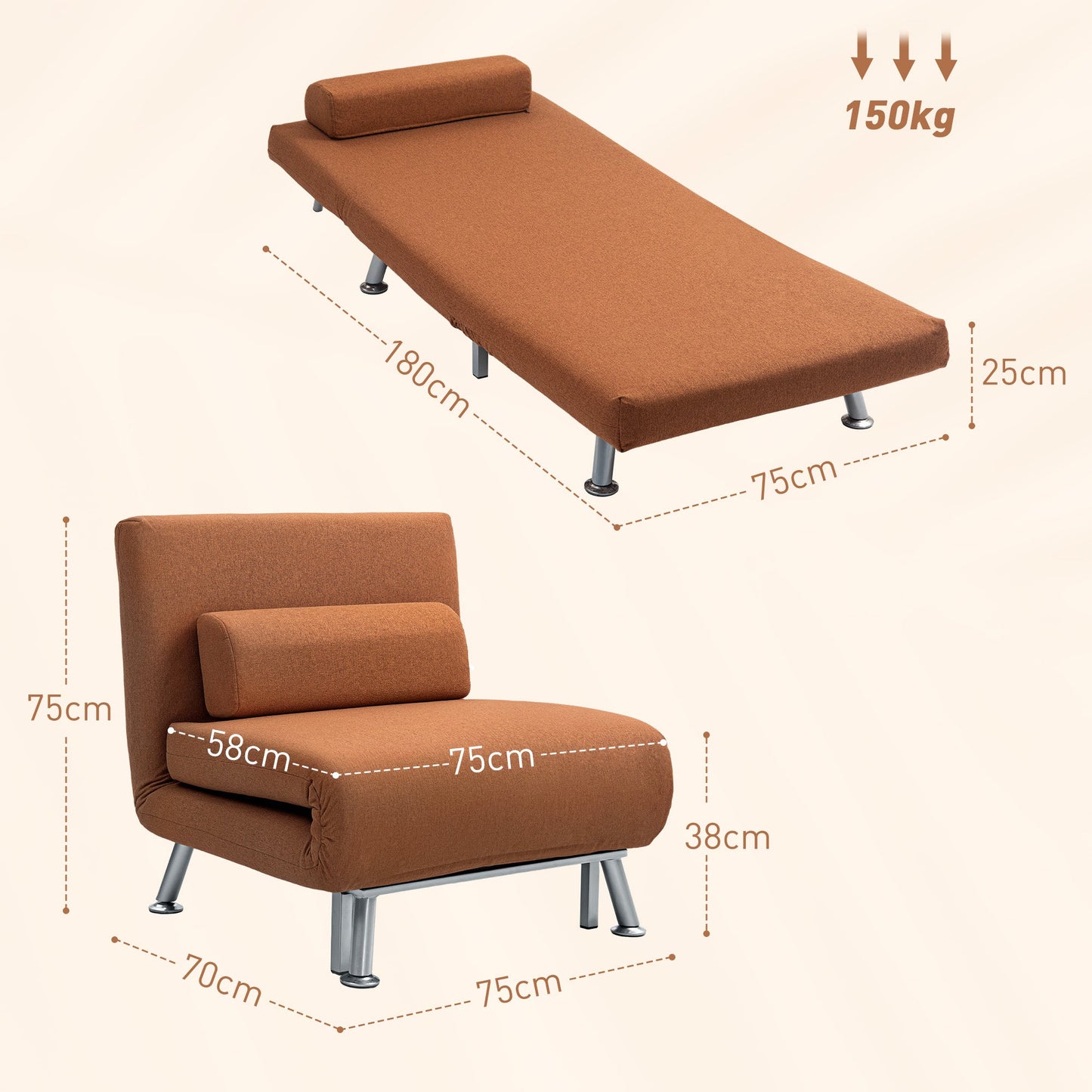 Fotel rozkładany HOMCOM Single Linen-Feel - Kawa