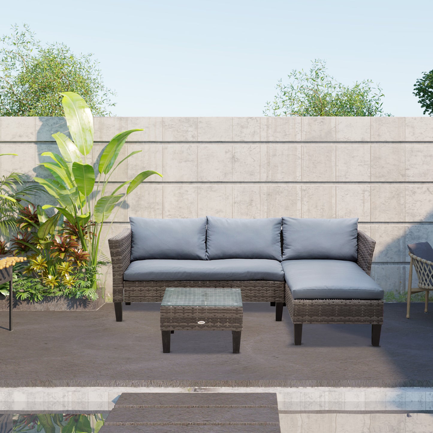 Outsunny 3-częściowy zestaw ogrodowy z PE Rattan z 2 siedziskami, kwadratowy szklany blat, stolik kawowy, grube poduszki, solidne nogi, metalowa rama, patio, balkon, patio, kształt L, narożnik - szary