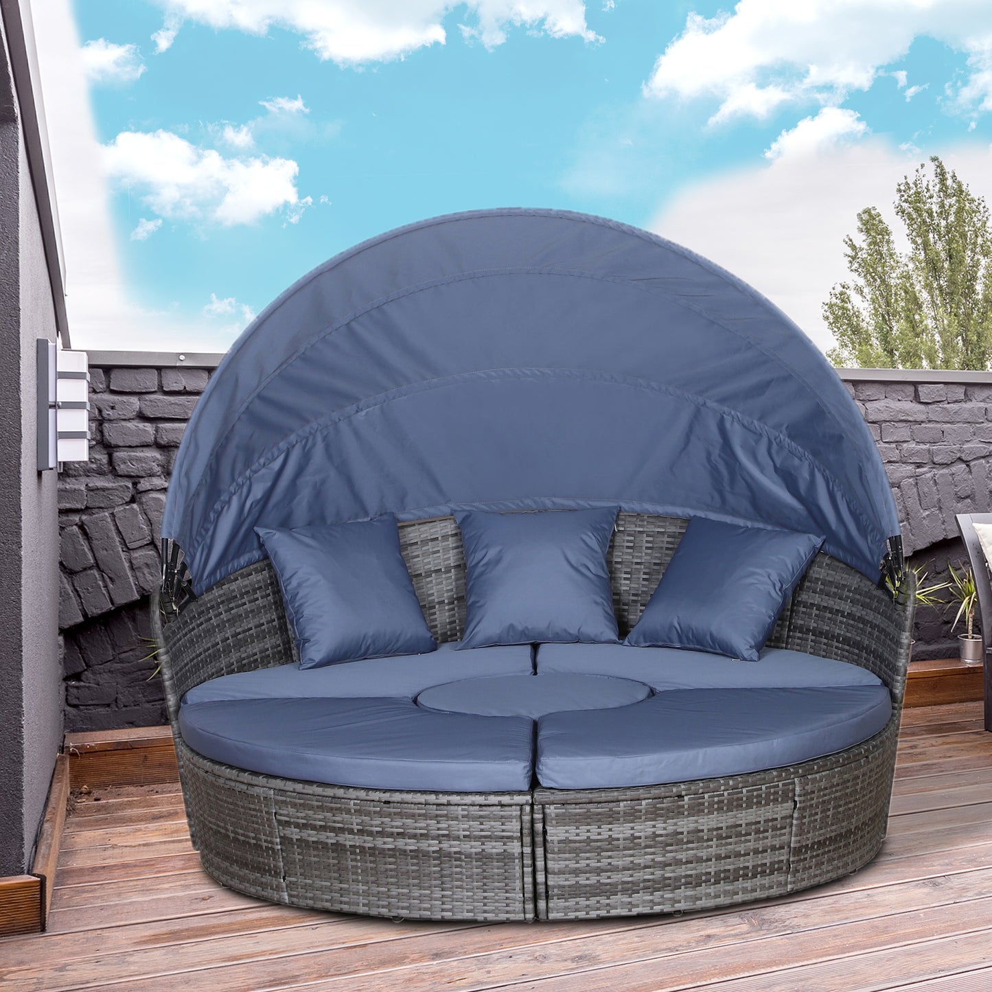Zestaw wypoczynkowy Outsunny PE Rattan, 5 elementów, zestaw mebli ogrodowych do rozmów, okrągła sofa ogrodowa z poduszką i chowanym baldachimem, kolor szary