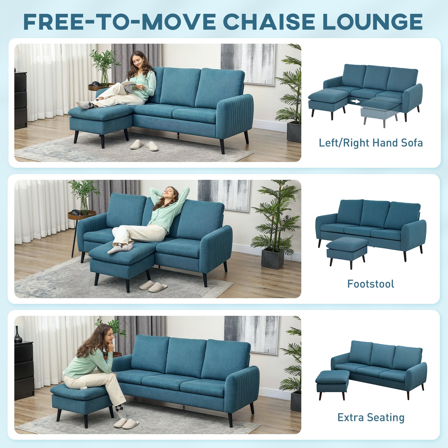 HOMCOM Fabric Sofa with Ottoman, Corduroy L-shaped Sofa Couch with Scatter Back, Reversible 3-Seater Chaise Lounge for Living Room, Home Office, Small Spaces, Blue