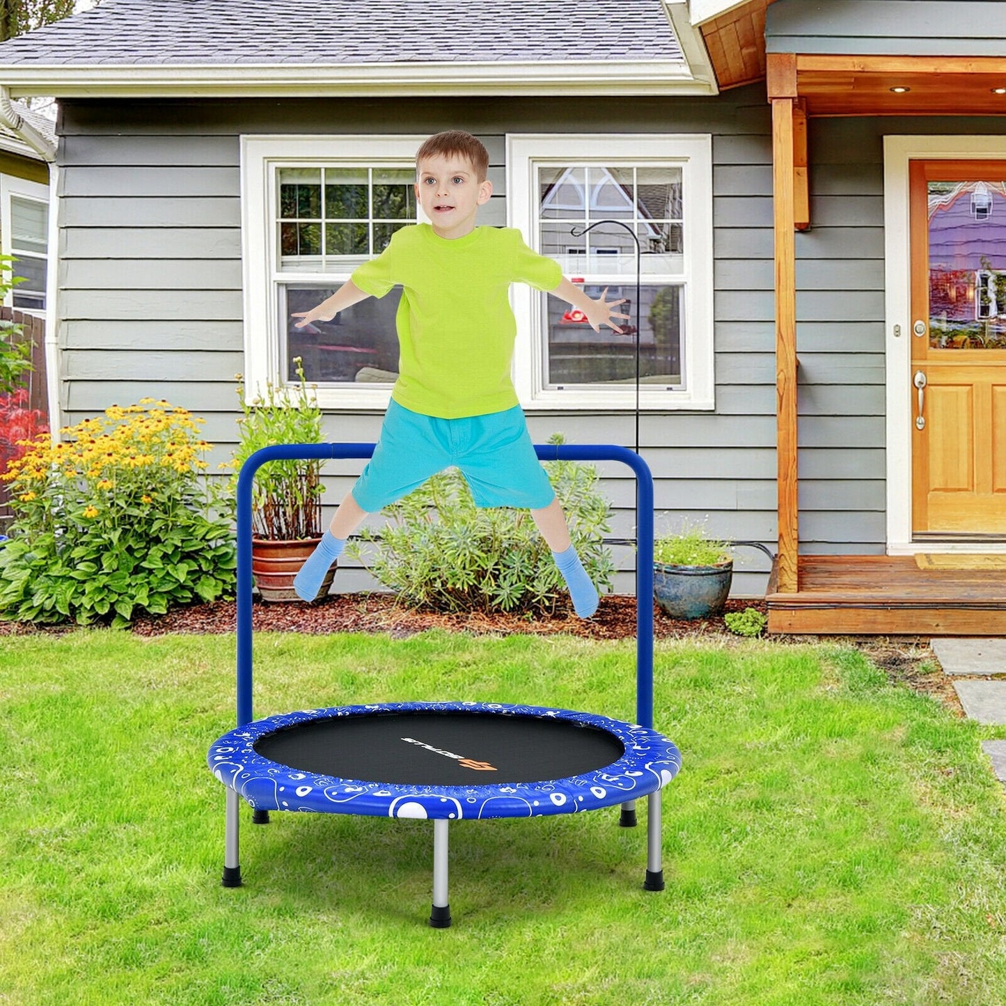 Child's Folding Trampoline with Padded Edge Cover and Full Covered Handle-Blue