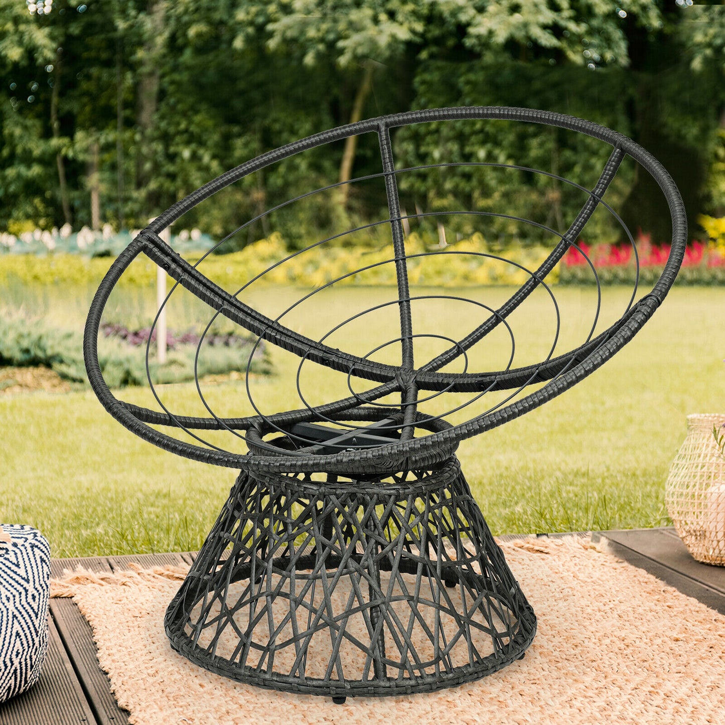 Rattan Papasan Chair with 360° Swivel and Soft Cushion-Black