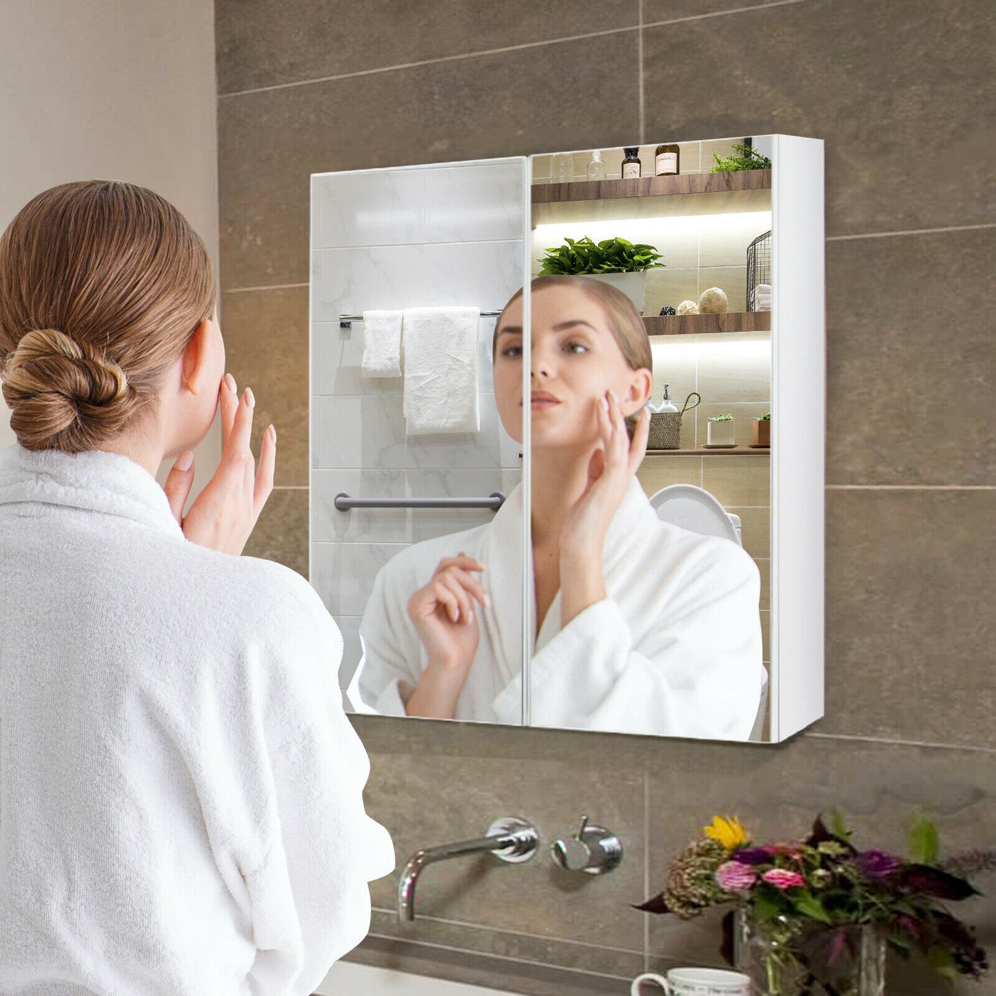 Bathroom Storage Cabinet with Double Mirror Doors