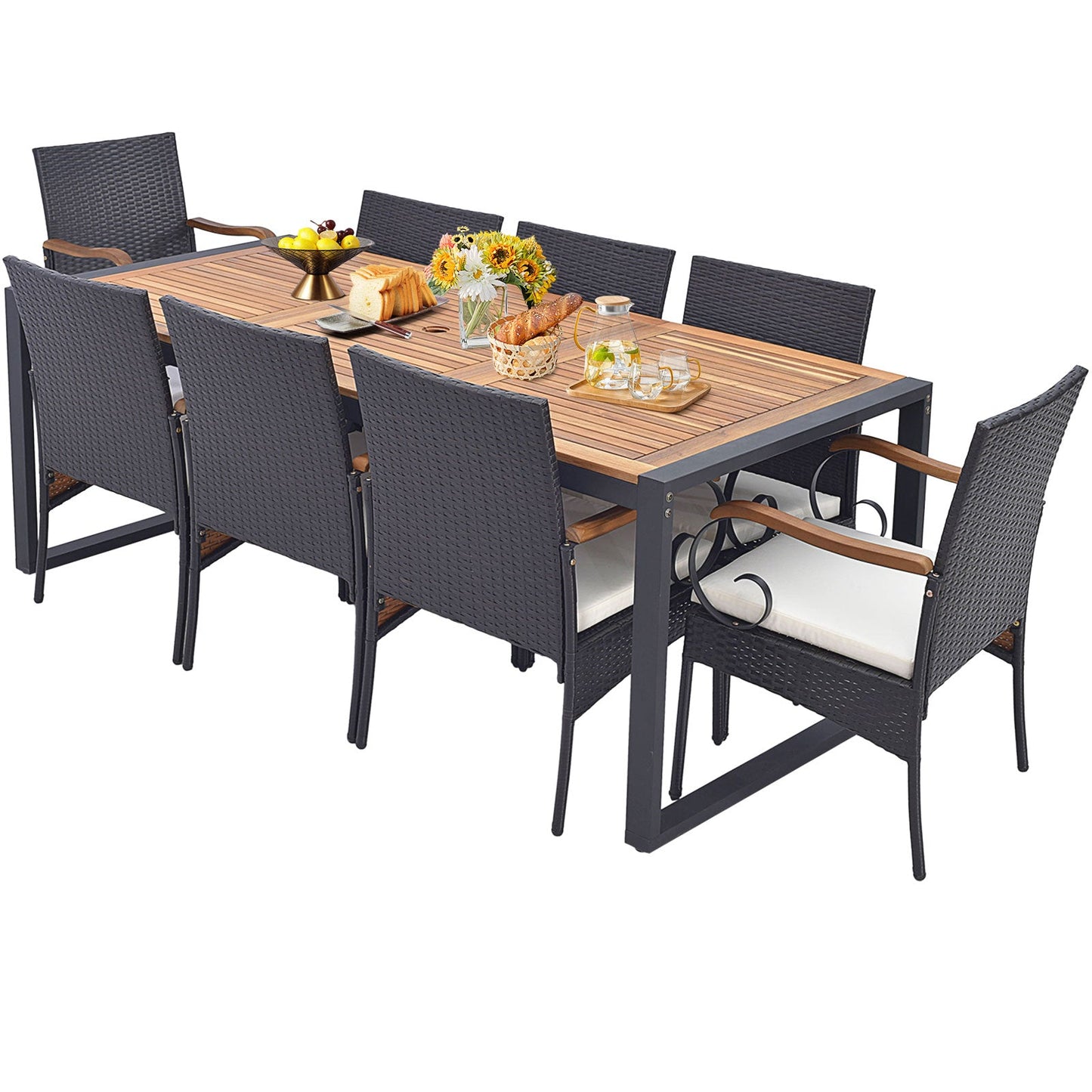 9 Pieces Outdoor Table and Chairs Set with Cushions and Umbrella Hole
