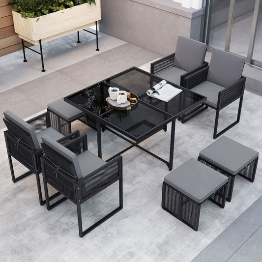 9 Pieces Patio Dining Set with PE Rattan Chairs and Tempered Glass Table-Grey