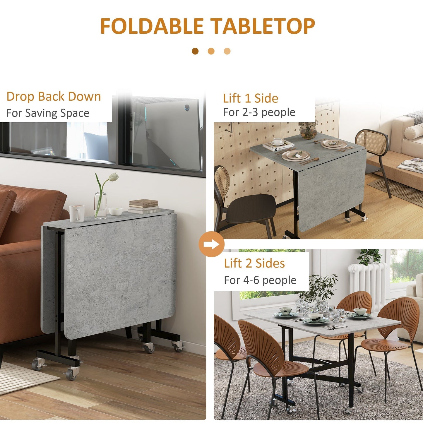 HOMCOM Mobile Drop Leaf Table, Folding Dining Table with 6 Wheels & Brakes, Kitchen Table for Small Spaces, Grey Marble Effect