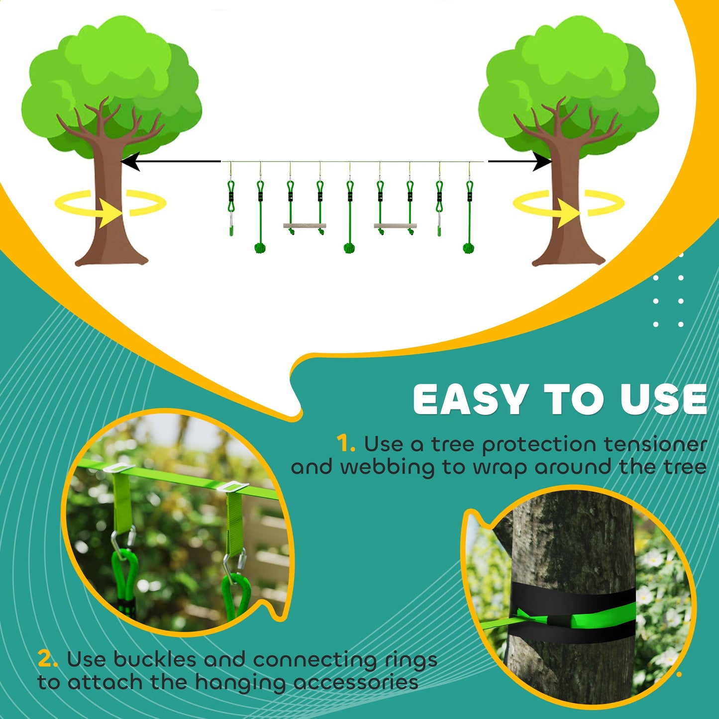 AIYAPLAY 7-Piece Kids Zip Line Kit for Garden, 10m Kids Slackline Kit with Wooden Monkey Bars, Metal Rings, Gripping Balls, Green