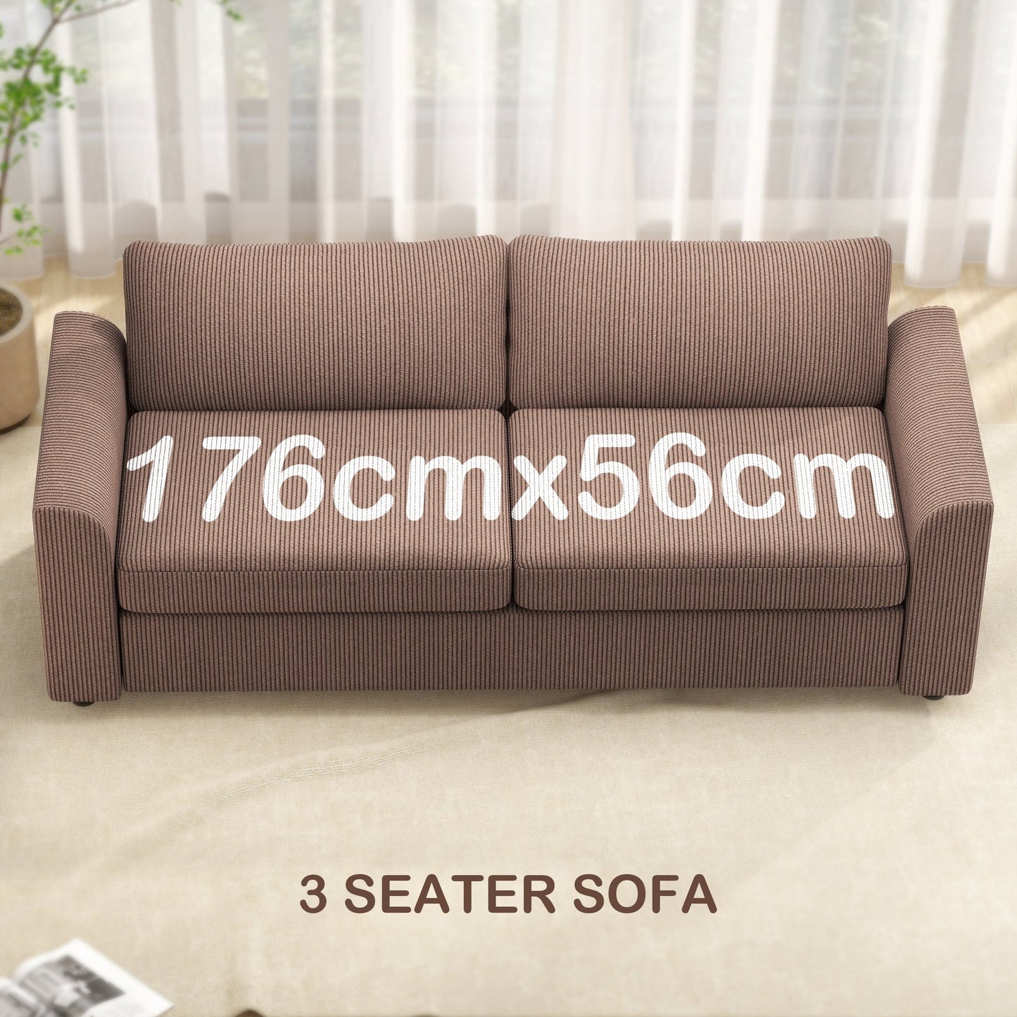 HOMCOM Nowoczesna 3-osobowa sofa z poduszką sprężynową, 212 cm, materiałowa, Jumbo Cord Sofa Couch z 2 poduszkami dekoracyjnymi, tapicerowana sofa z kordu do salonu, sypialni, domowego biura, kawiarni