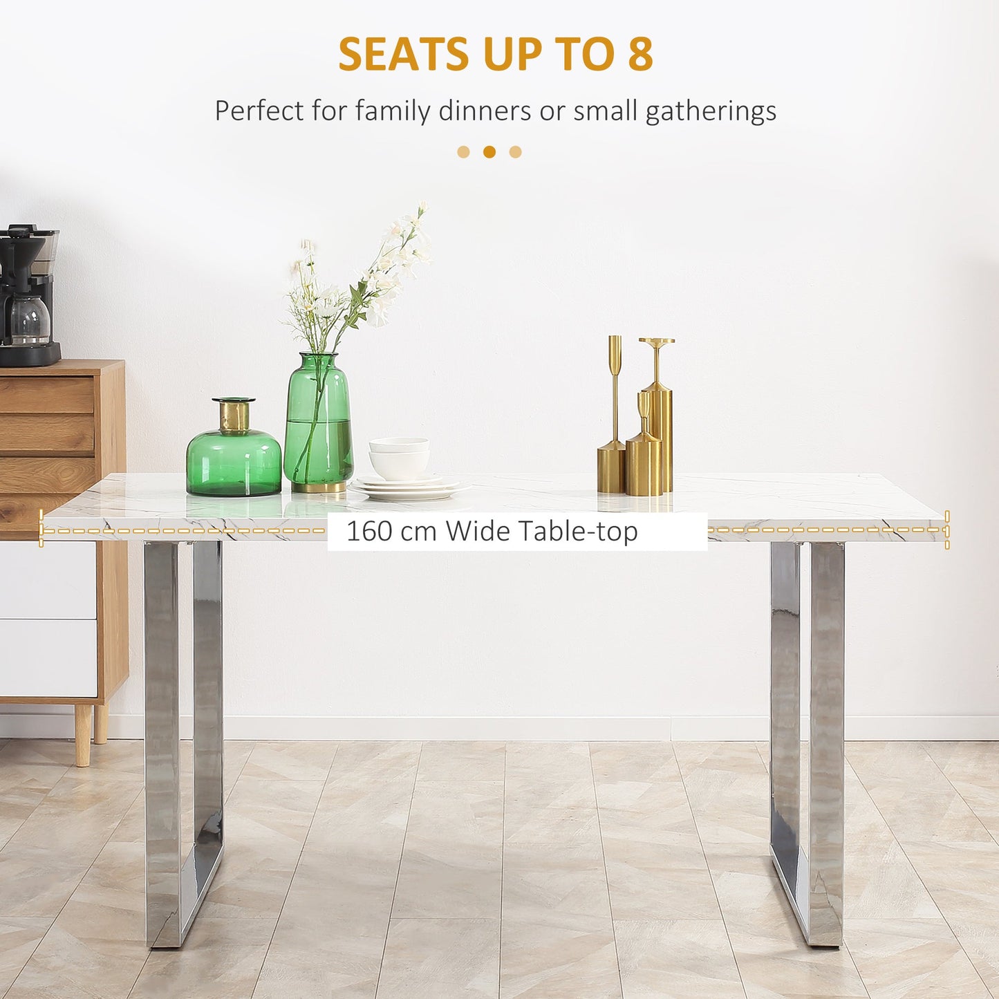 HOMCOM Modern Dining Room Table Rectangular Kitchen Table for 6-8 People with Marble Effect Tabletop Steel Legs 160 cm White