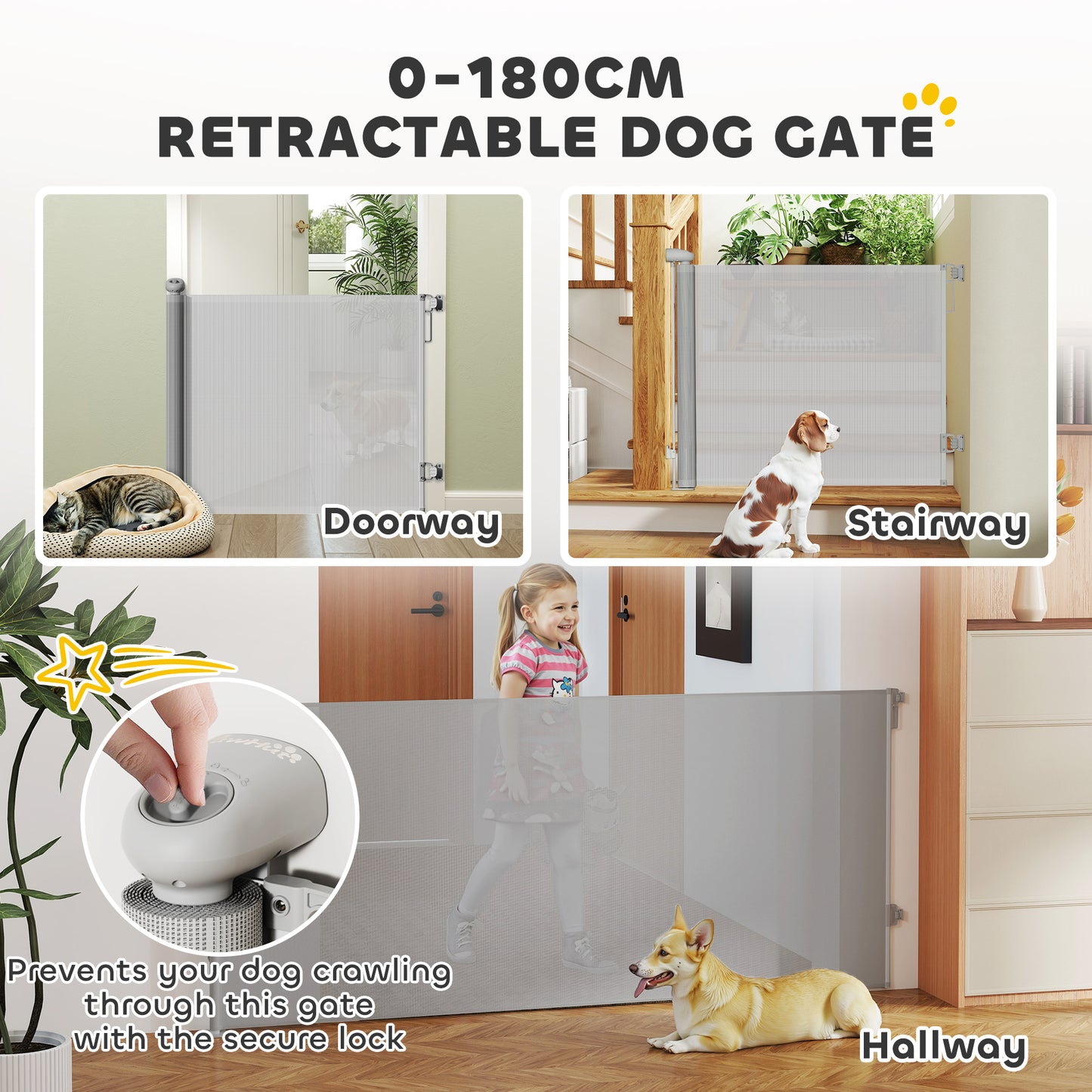PawHut Retractable Stair Gate Extends Up to 180 cm Wide, Dog Gate for Doorways, Stairways, Hallways, Grey