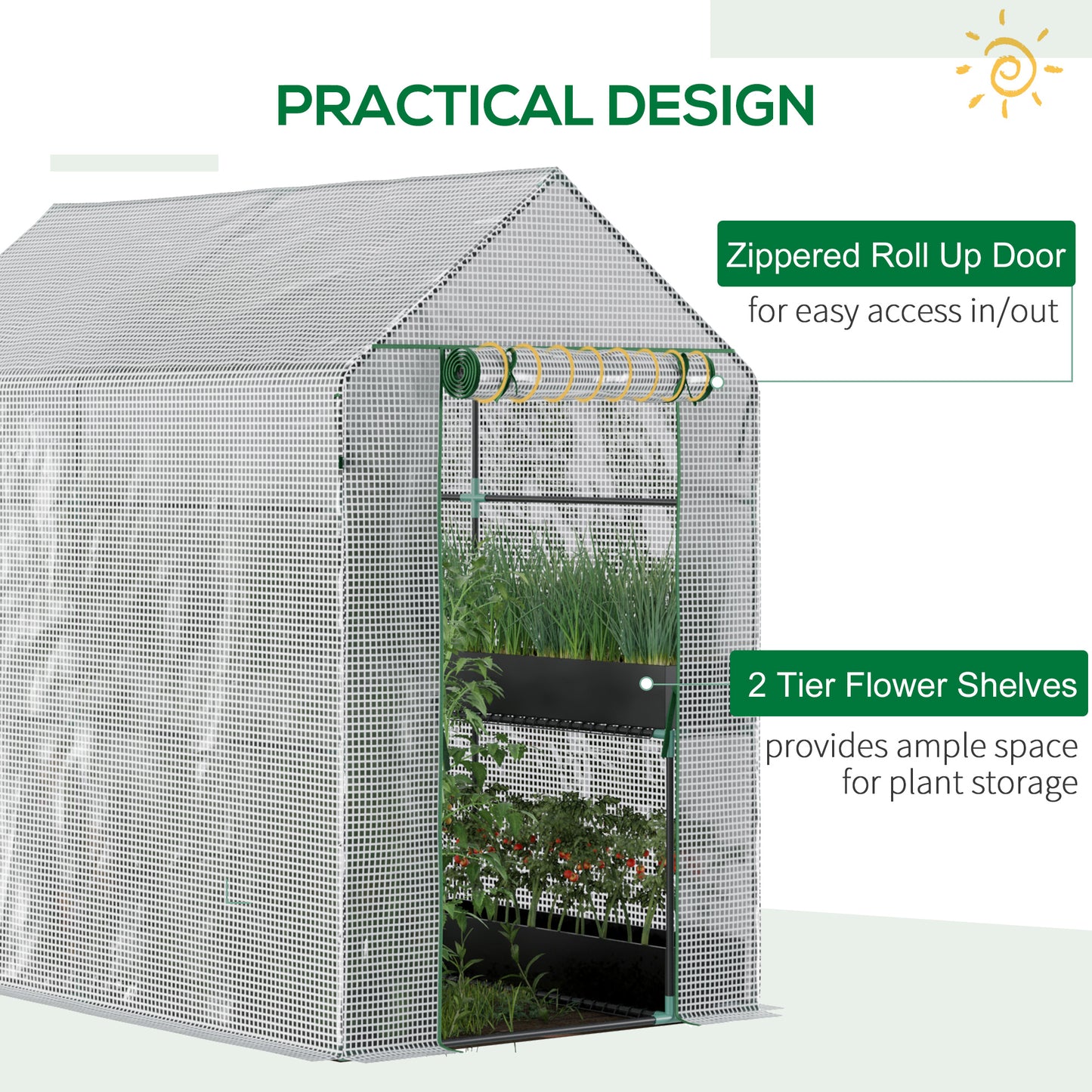 Outsunny Walk In Greenhouse z 2-poziomowymi półkami, zwijane drzwi z panelem Zip, ogrodowy tunel foliowy Steeple Grow House na zewnątrz, 6 x 4 x 6 stóp, biały