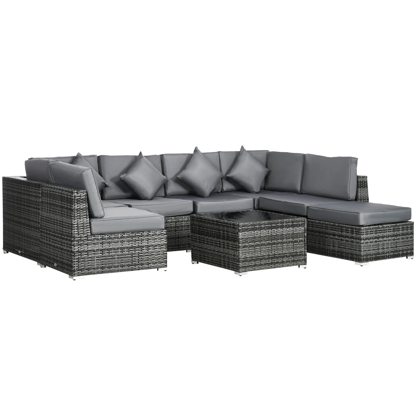Zestaw mebli ogrodowych Outsunny z 8 narożnymi sofami z rattanu PE, zestaw mebli ogrodowych, sofa z wikliny ogrodowej z poduszką, zmywalnym pokrowcem na poduszkę i stolikiem ze szkła hartowanego, kolor szary