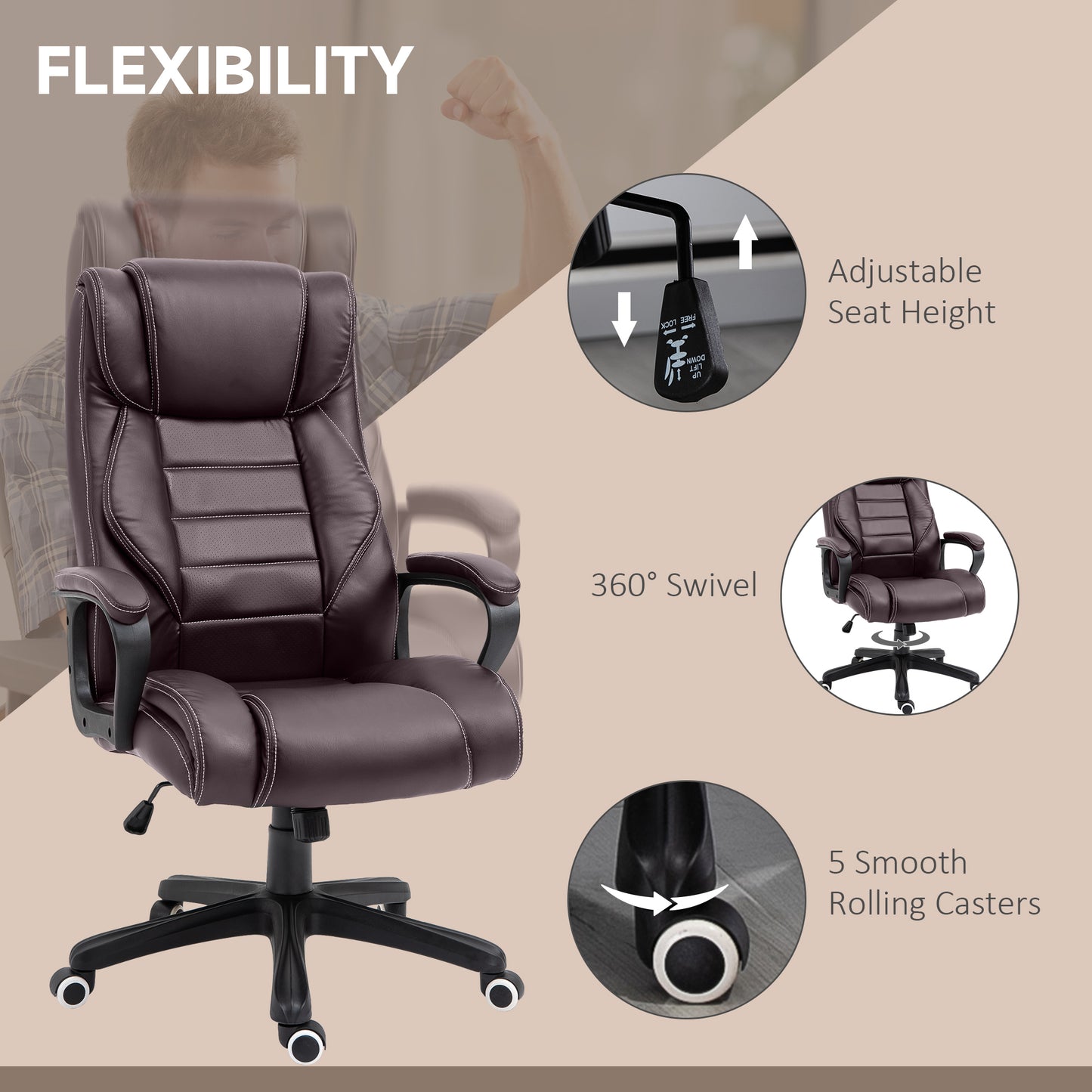 Vinsetto Office Chair with 6-Point Maaage and Back Heat, PU Desk Chair with Padded Seat and Armrest, Computer Chair with Tilt Function for Home, Brown