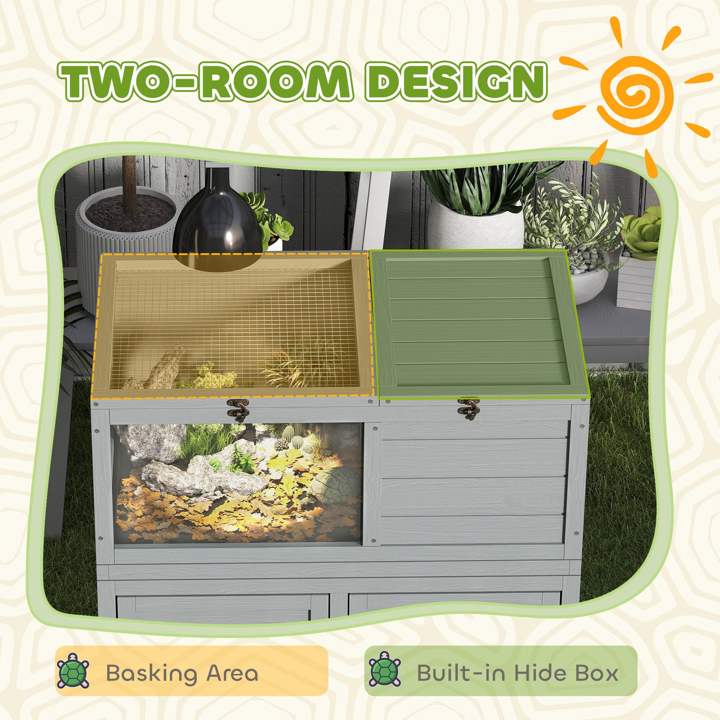 PawHut Wooden Tortoise House with Storage Cabinet, Openable Top, Lamp Holder, Windows, Light Grey
