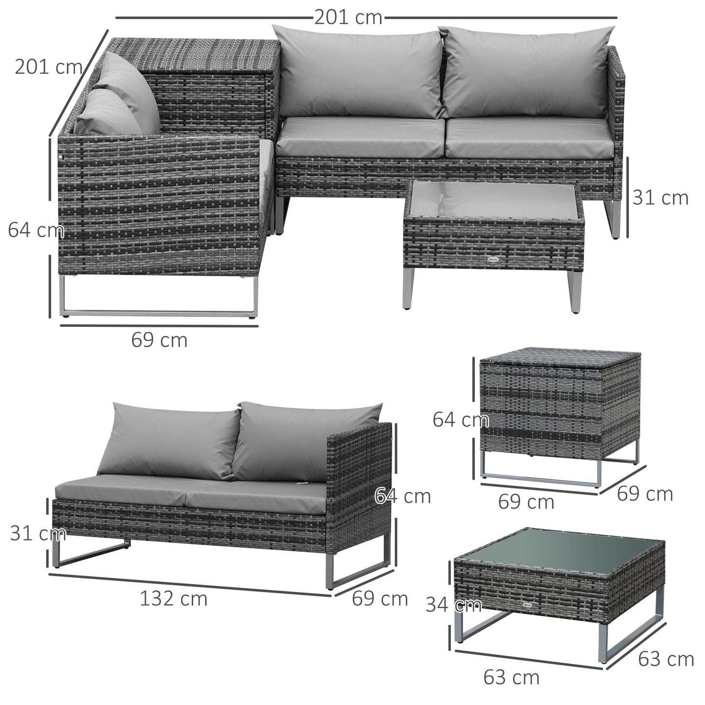 Outsunny 4-częściowy zestaw mebli ogrodowych z rattanu, wikliny, narożna sofa, siedzisko i stolik z poduszkami, stolik boczny, mieszany szary