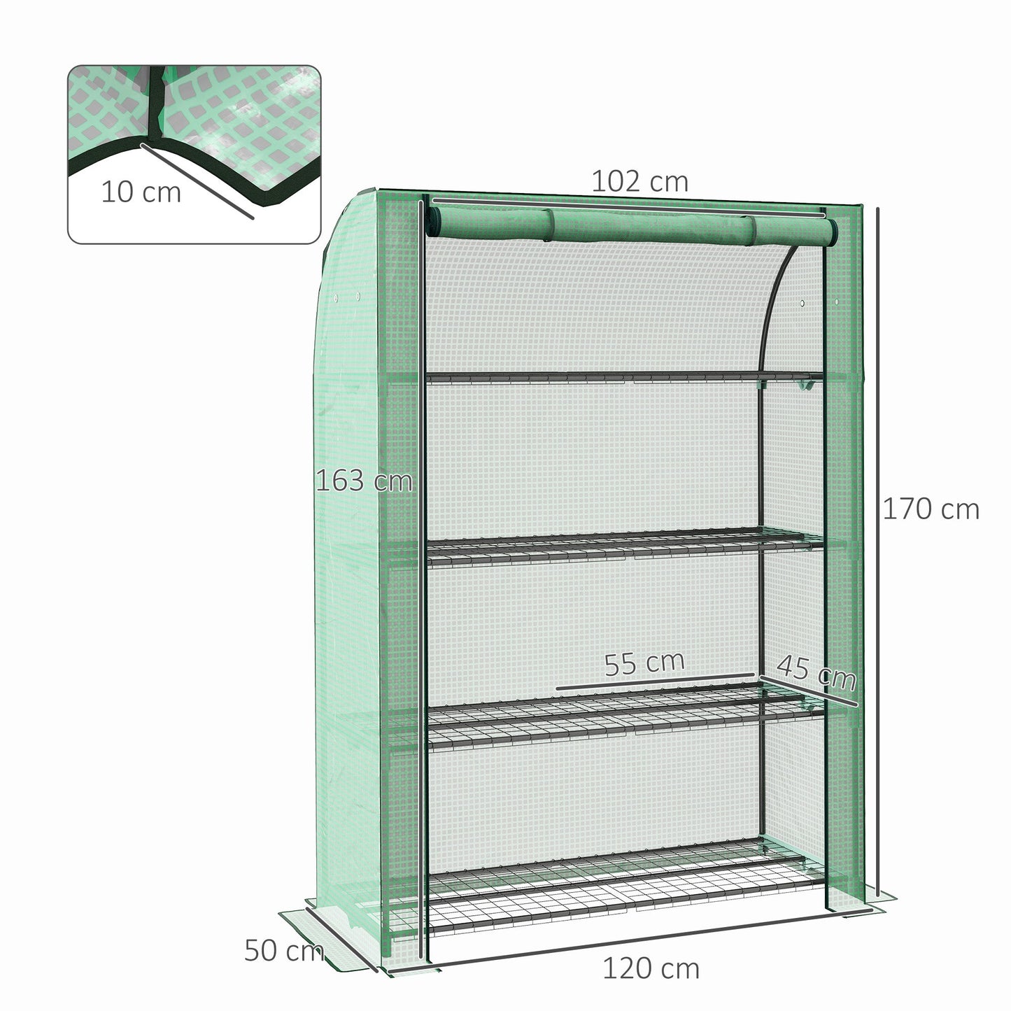 Outsunny 4-poziomowa mini szklarnia z wzmocnioną osłoną PE, przenośna szklarnia wewnętrzna i zewnętrzna z drzwiami rolowanymi i półkami drucianymi, 170H x 120W x 50Dcm, zielona