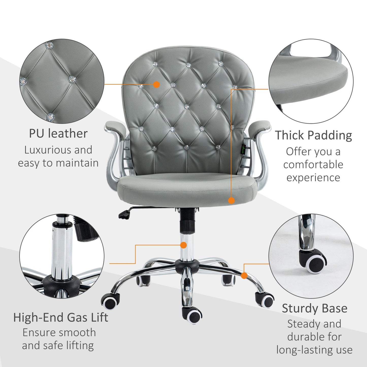 Vinsetto Office Chair Ergonomic 360 Swivel PU Diamante Padded Base 5 Castor Wheels for Home Work Grey