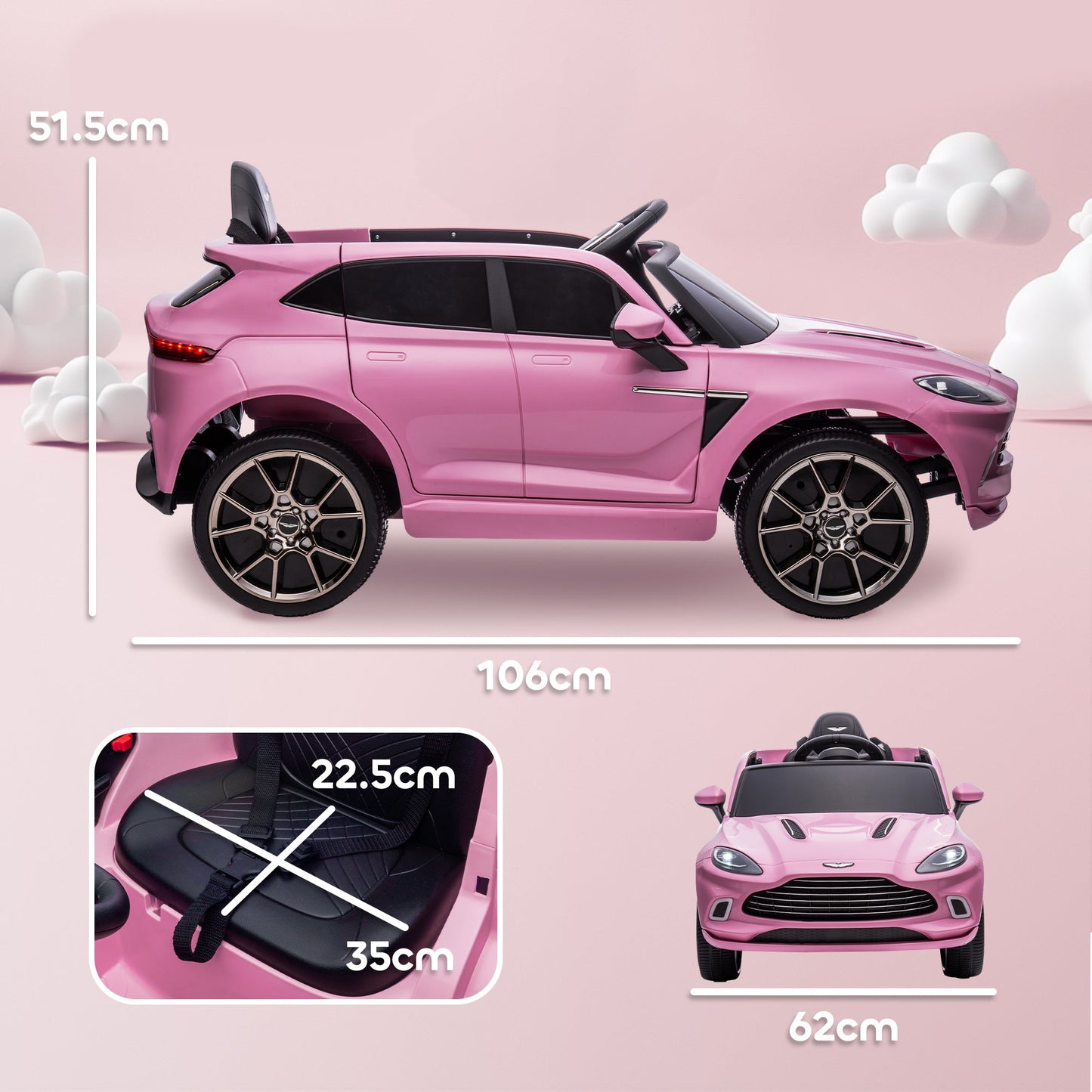 AIYAPLAY Aston Martin DBX Licencjonowany samochód elektryczny dla dzieci zasilany akumulatorem, 12 V, samochód dla dzieci z oświetleniem, klakson muzyczny, różowy